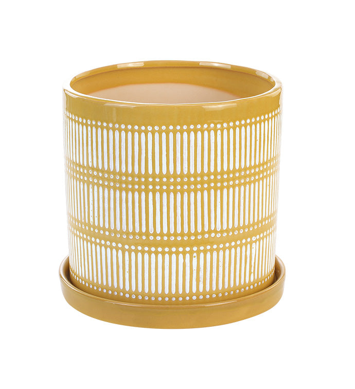 Yellow Scraffito Planter with Saucer