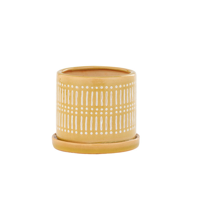 Yellow Scraffito Planter with Saucer