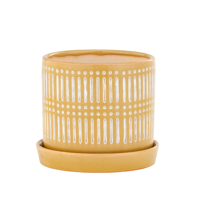 Yellow Scraffito Planter with Saucer