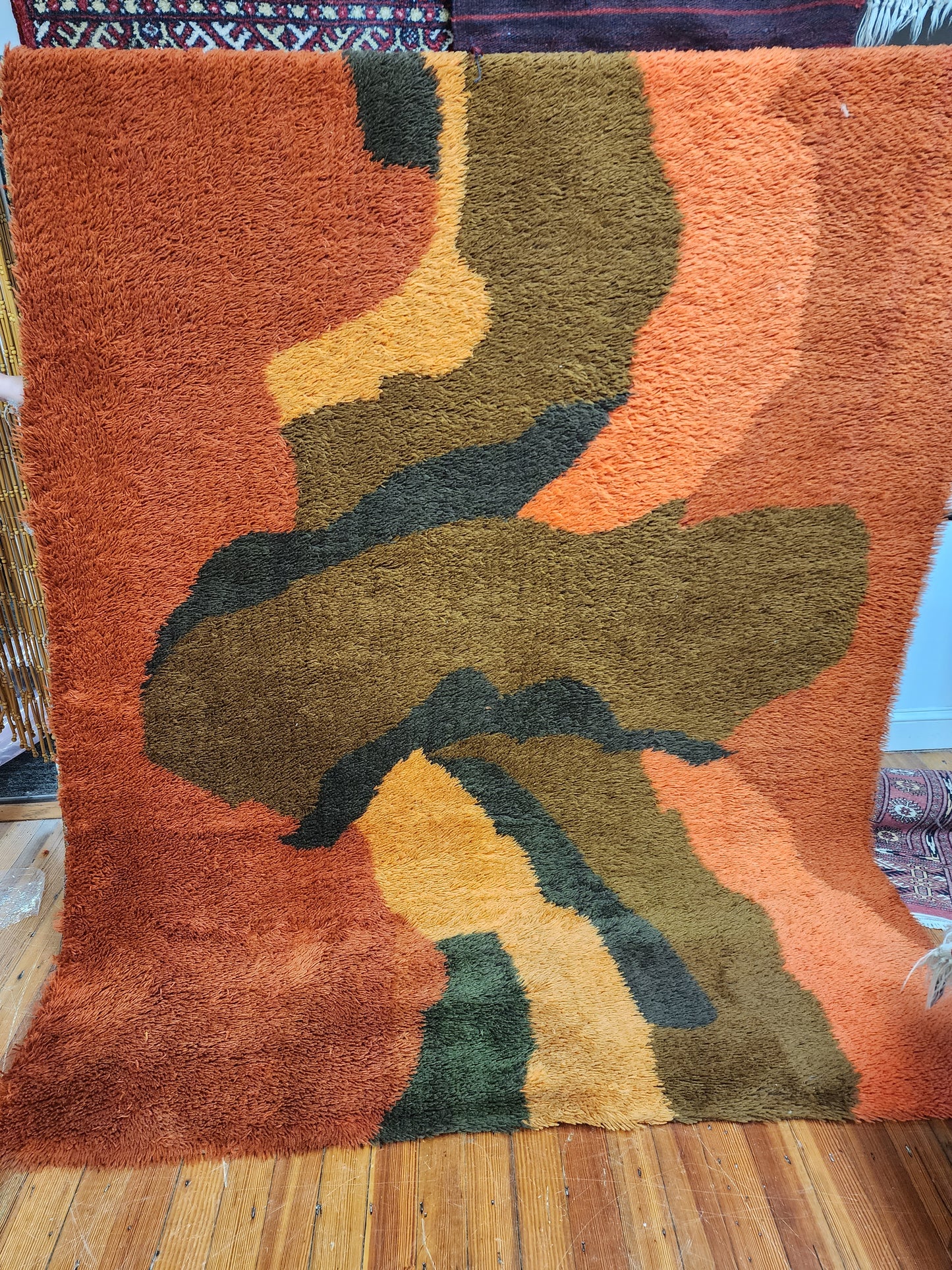 Orange and Brown 1970s Rya Wool Shag Rug
