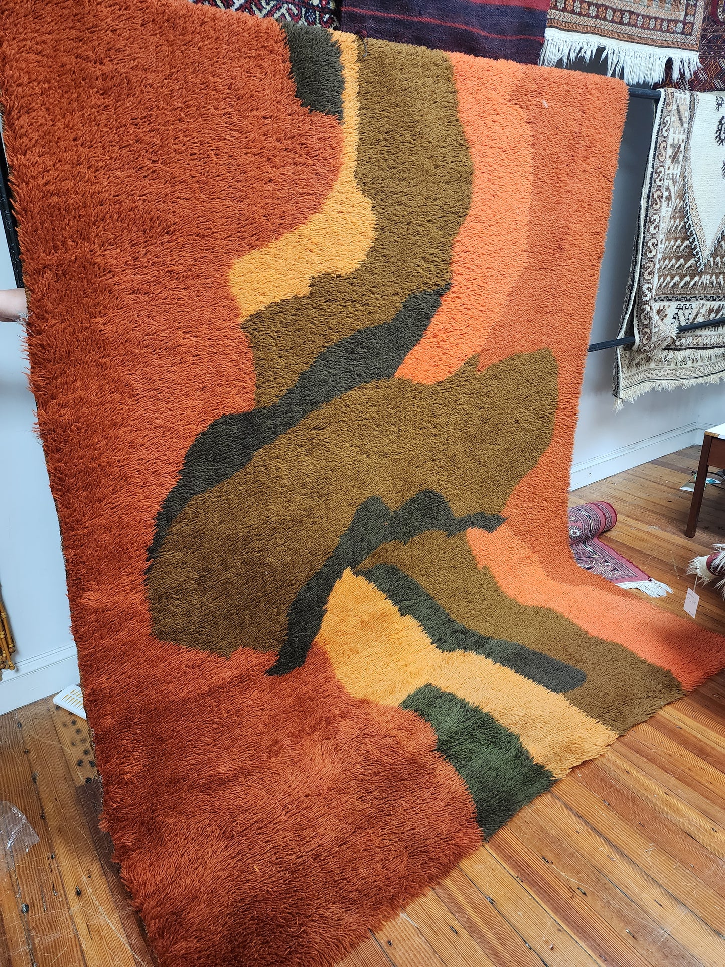 Orange and Brown 1970s Rya Wool Shag Rug