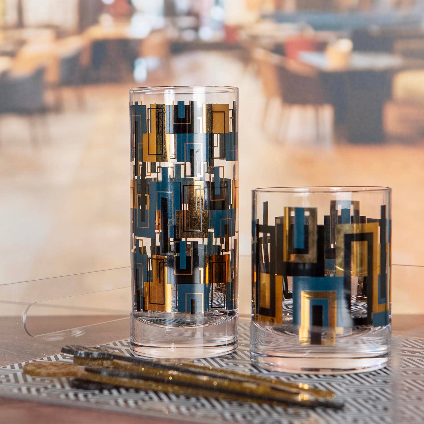 Highball Blue and Gold Mid Century Inspired Cocktail Glass