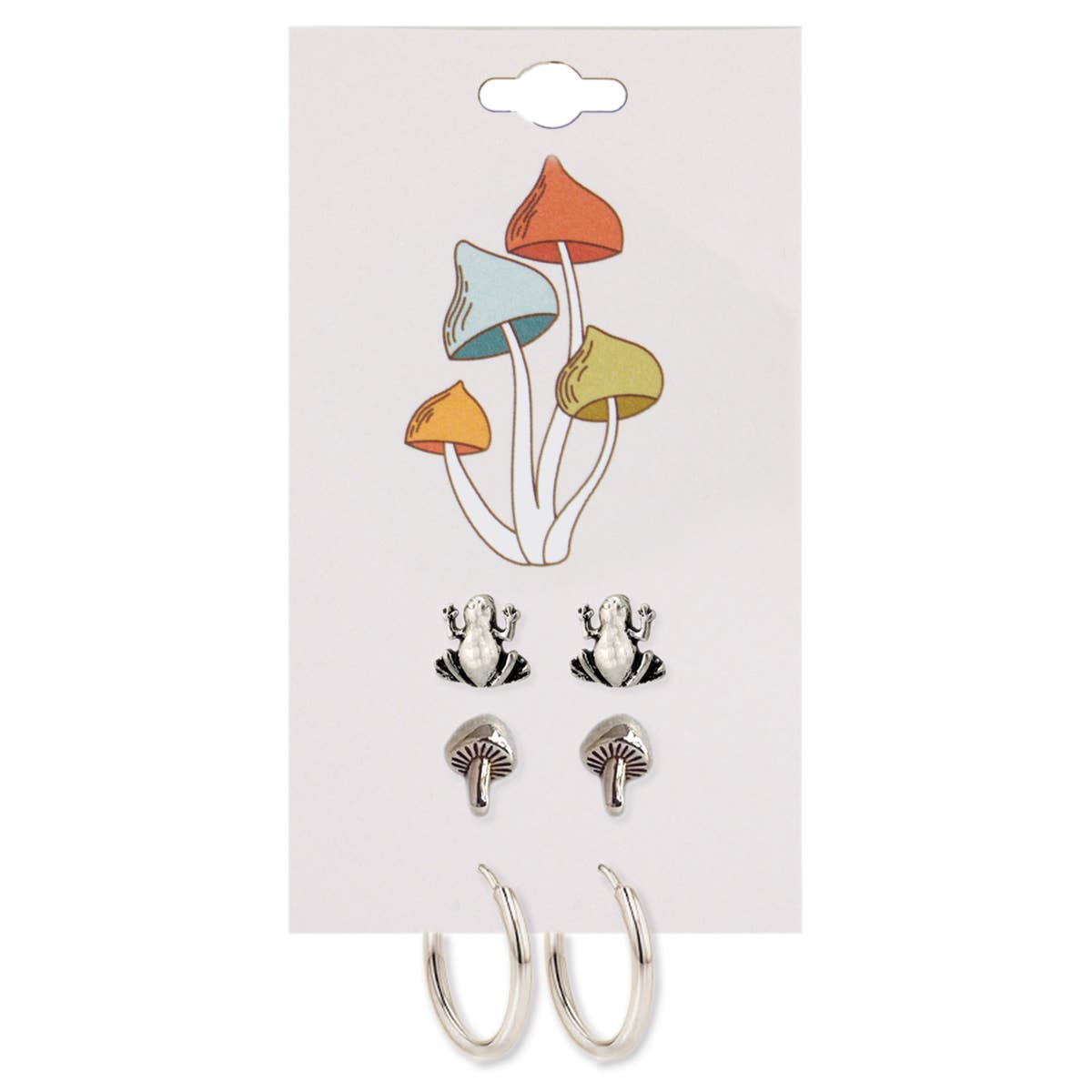 Silver Frog Mushroom Post Hoop Earring Set