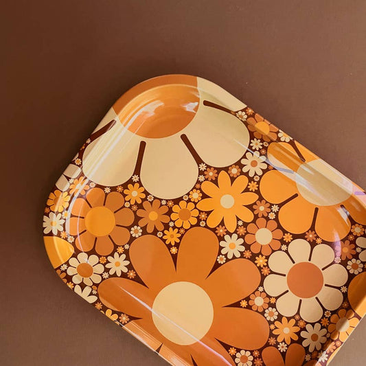 70's Floral Metal Tray | Retro Rolling Tray - Vintage MC