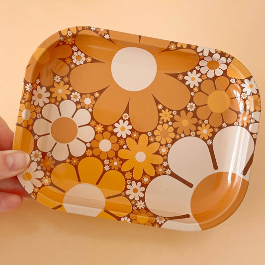 70's Floral Metal Tray | Retro Rolling Tray - Vintage MC