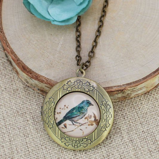 Bird Print Gold Locket Necklace - Vintage MC