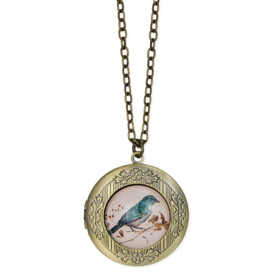 Bird Print Gold Locket Necklace - Vintage MC