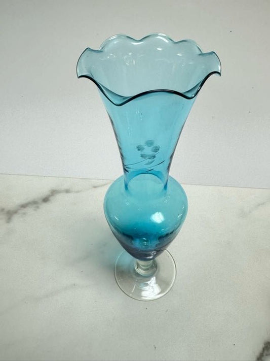 Blue Ruffle Edge Etched Vase - Vintage MC
