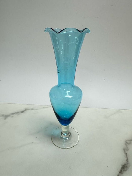 Blue Ruffle Edge Etched Vase - Vintage MC