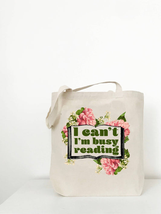 Busy Reading Tote - Retro Floral Canvas Shopping Bag - Vintage MC
