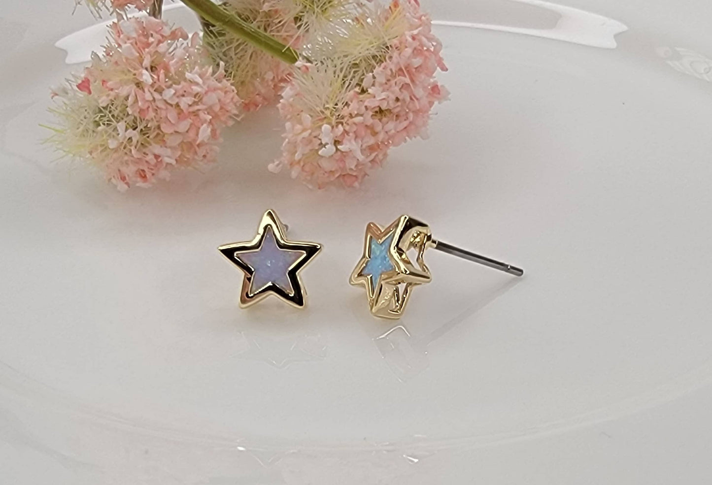 STAR SHAPE DECO LAB GROWN BLUE OPAL STUD EARRINGS.