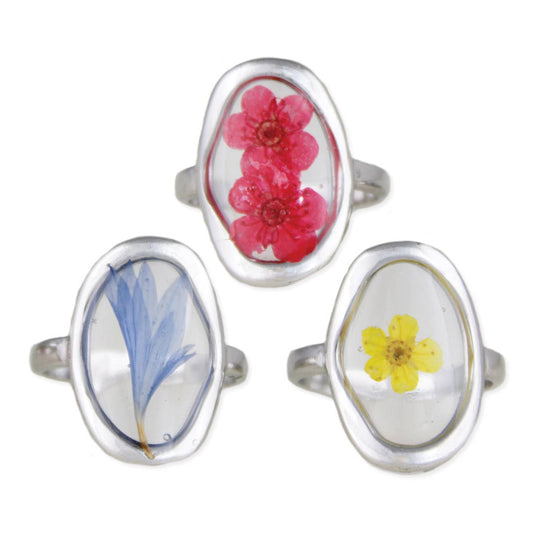 Cottage Fashion Oval Silver Dried Flower Rings - Vintage MC