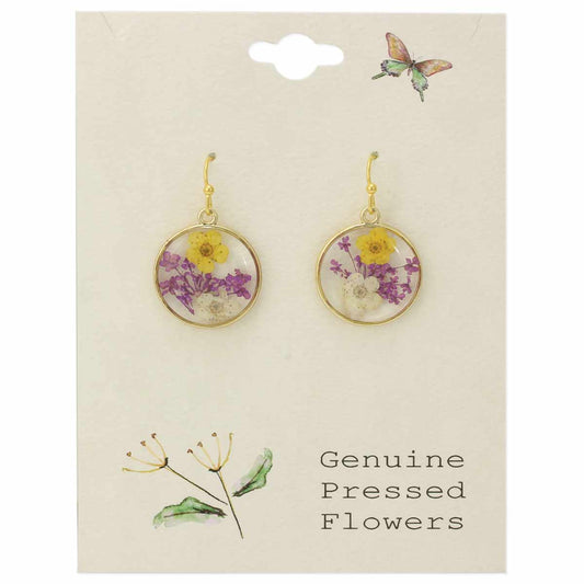 Cottage Purple Yellow Dried Flower Round Earrings - Vintage MC