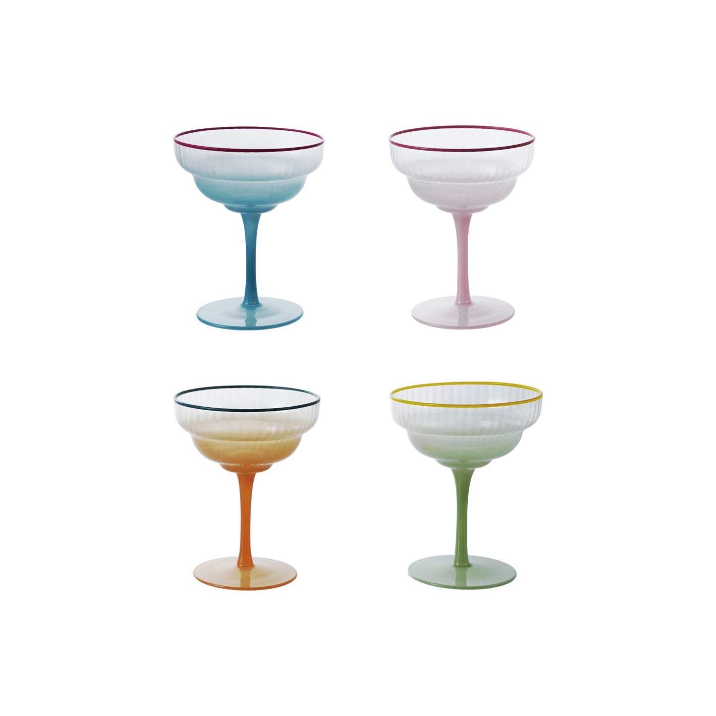 4 oz. Fluted Stemmed Coupe Glass with Colored Rim, 4 Ombre Colors