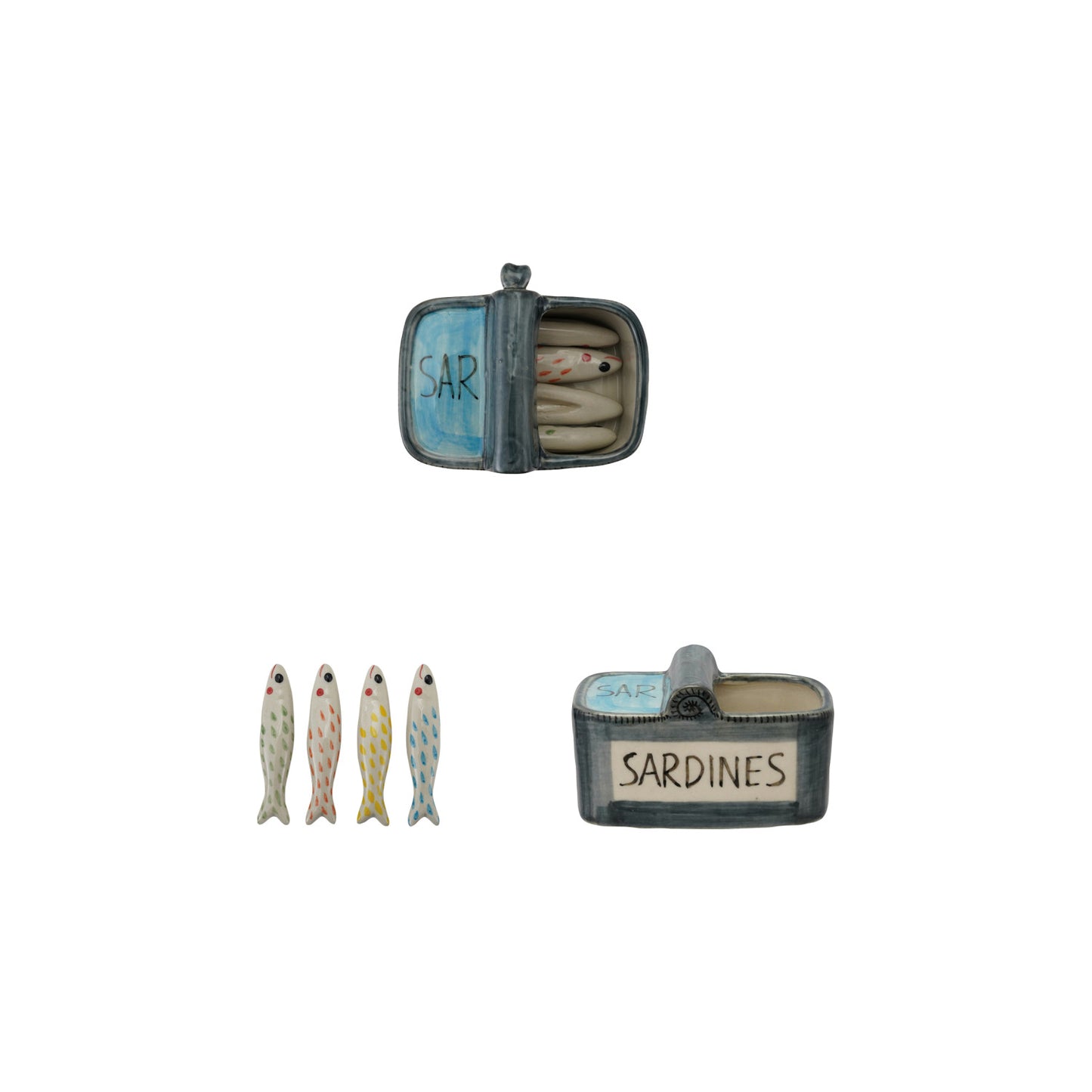 Hand-Painted Stoneware Container with (4) Sardine Utensil Rests