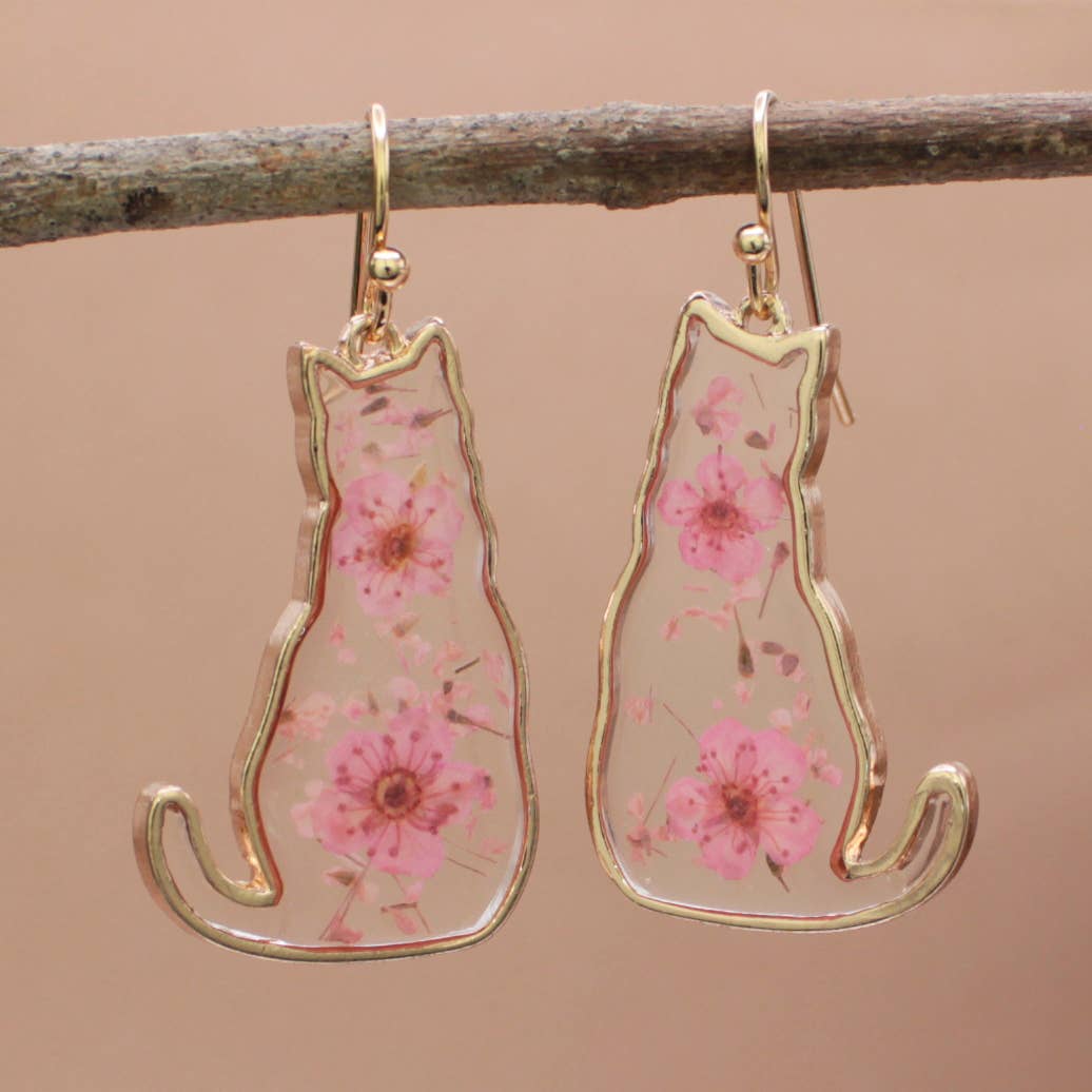 Feline Friend Cat Dried Flower Earrings - Vintage MC