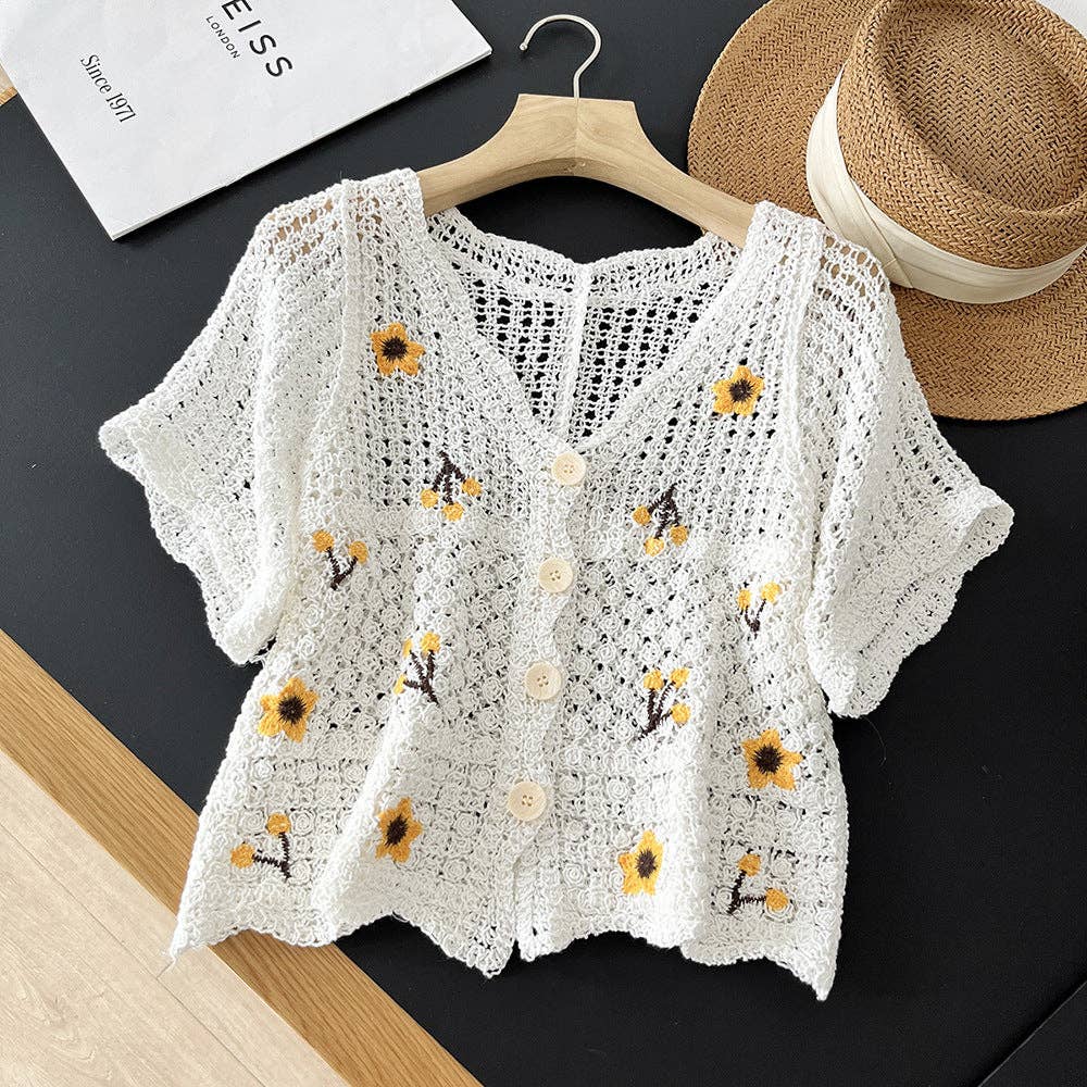 Floral Hollow Embroidered Thin Knit Cardigan - Vintage MC