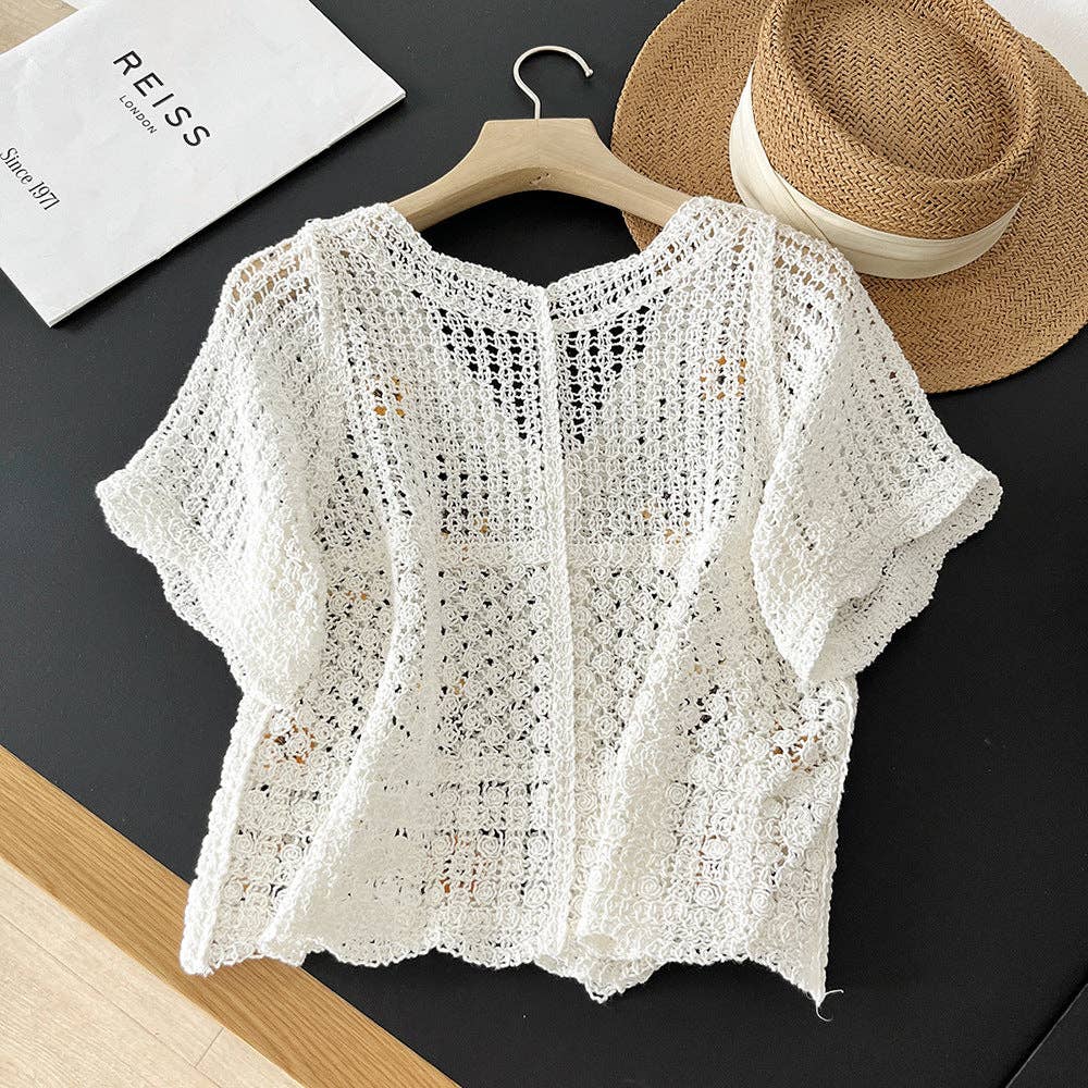 Floral Hollow Embroidered Thin Knit Cardigan - Vintage MC