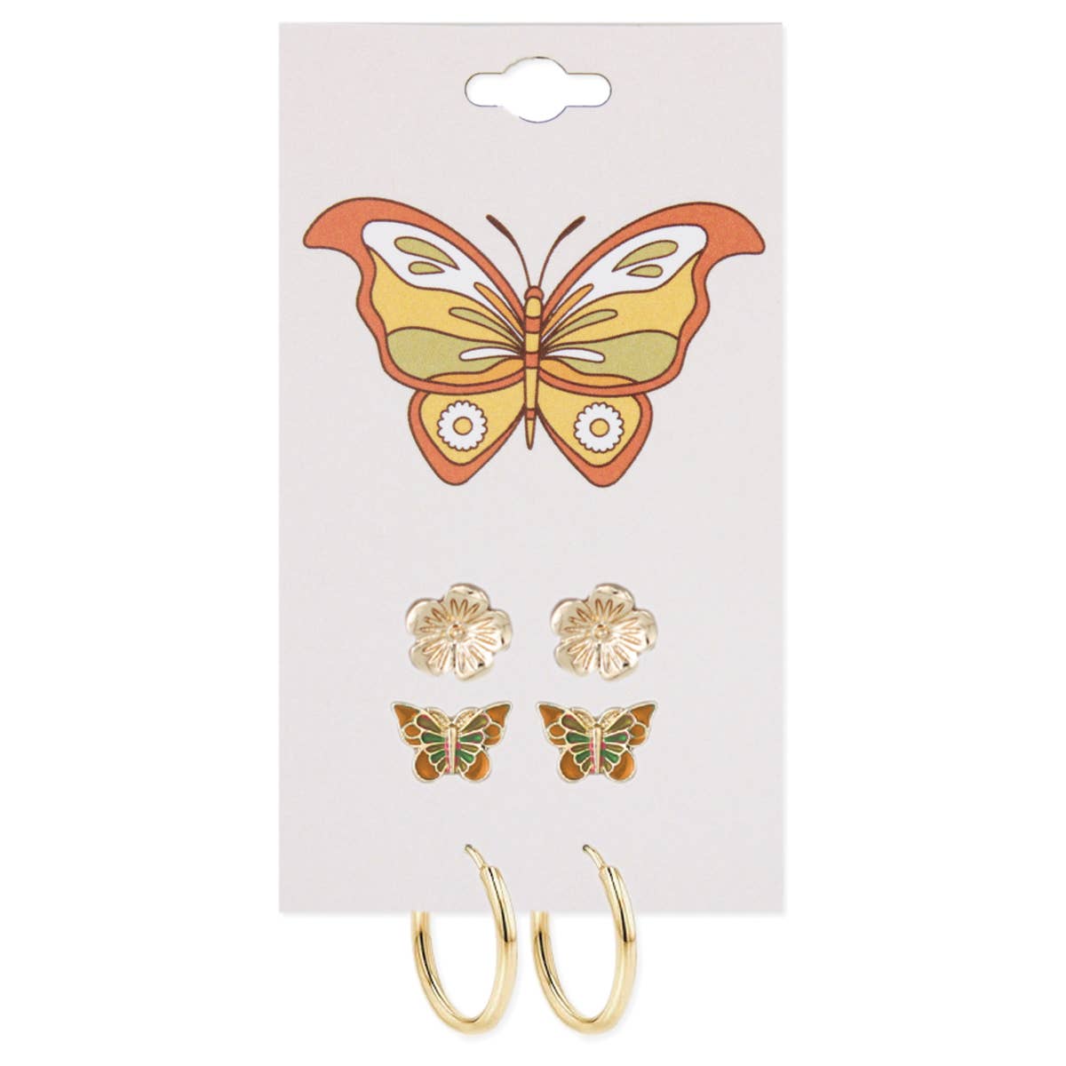 Gold Flower Butterfly Post Hoop Earrings Set - Vintage MC