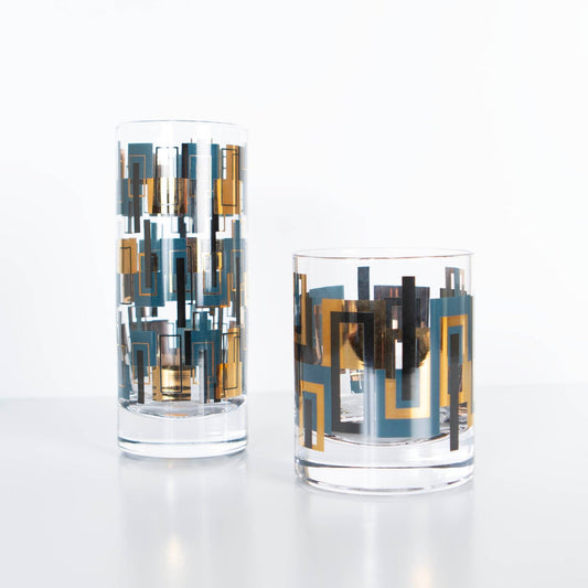 Highball Blue and Gold Mid Century Inspired Cocktail Glass - Vintage MC