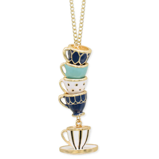 Mad Hatter Blue Teacup Stack Gold Necklace - Vintage MC
