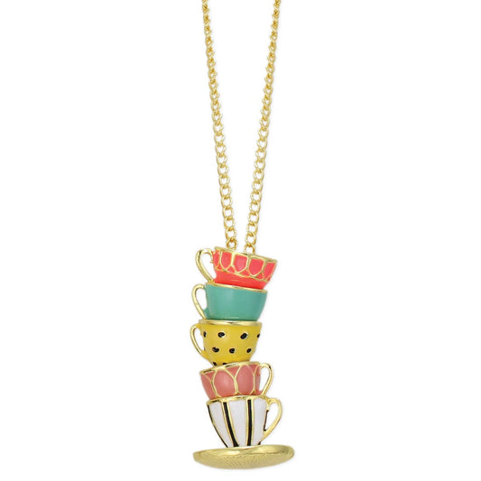 Mad Hatter Pastel Teacup Stack Gold Necklace - Vintage MC