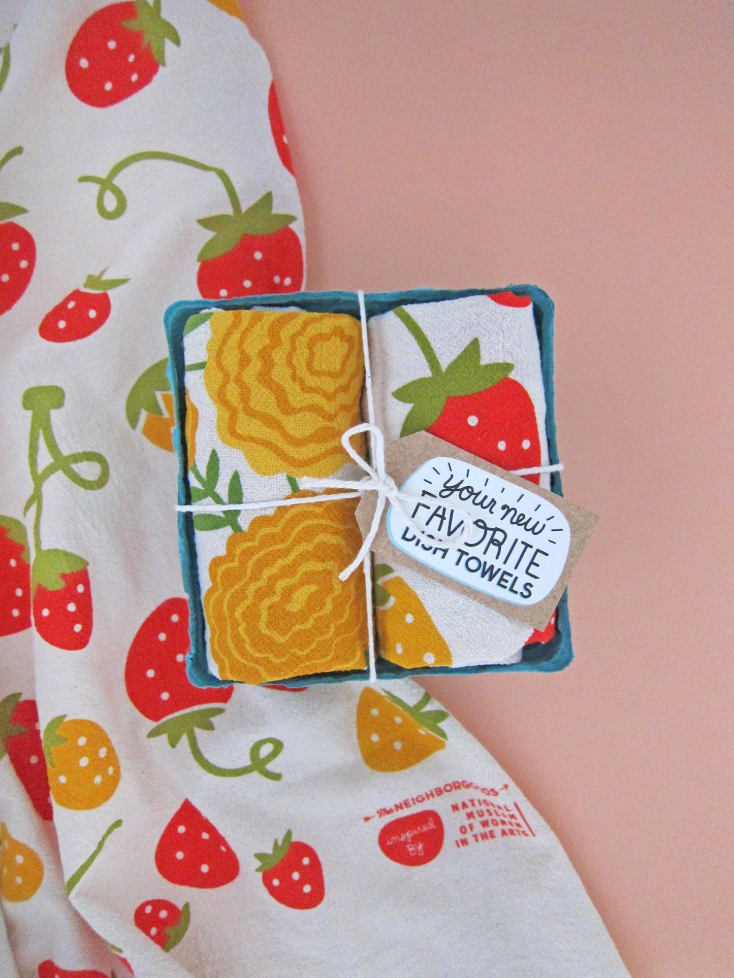 MARI BERRY (Marigold, Strawberry) - Tea Towel Set of 2 - Vintage MC