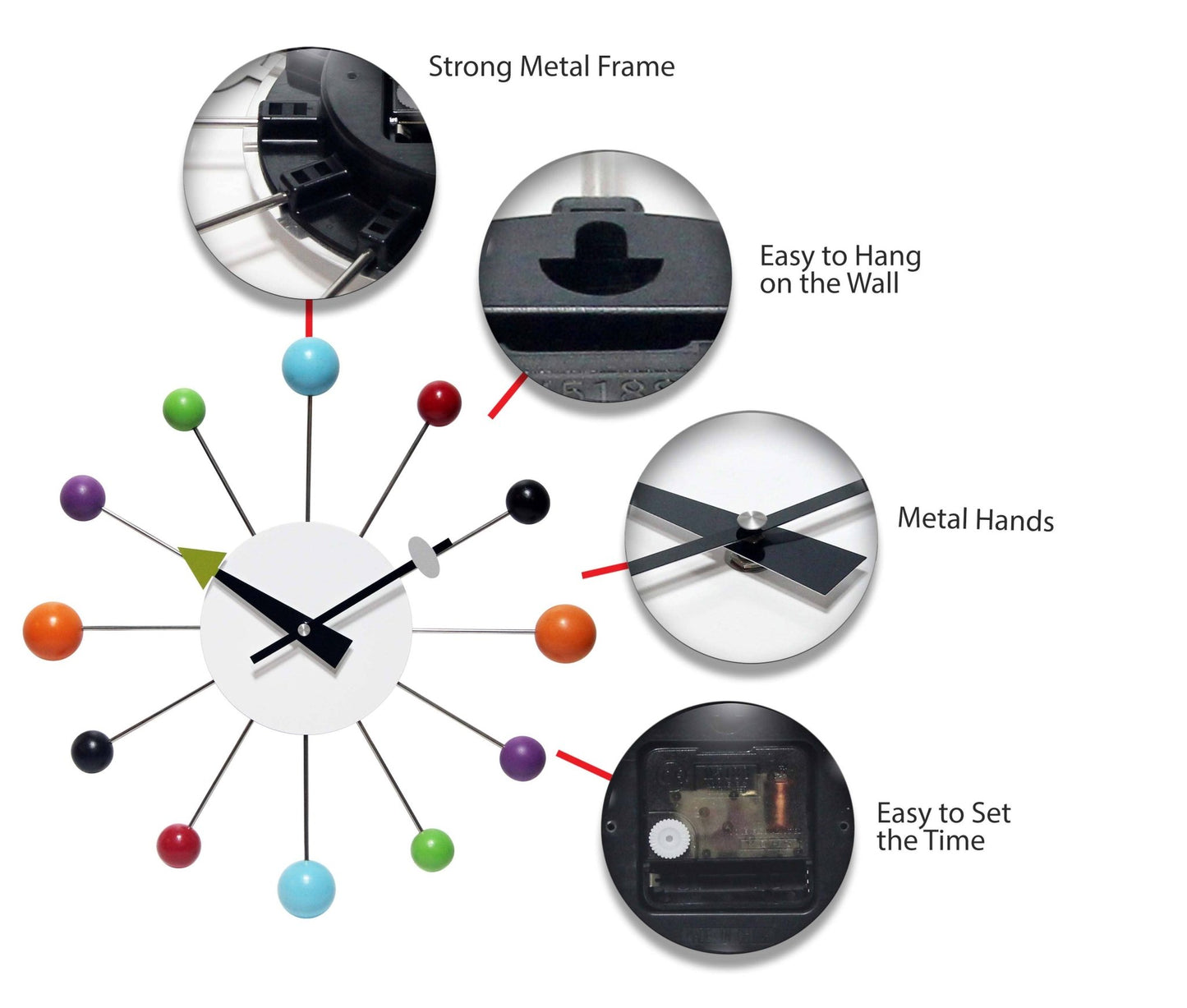 Orb Spoke Multi - Color Indoor Wall Clock 15 Inch - Vintage MC