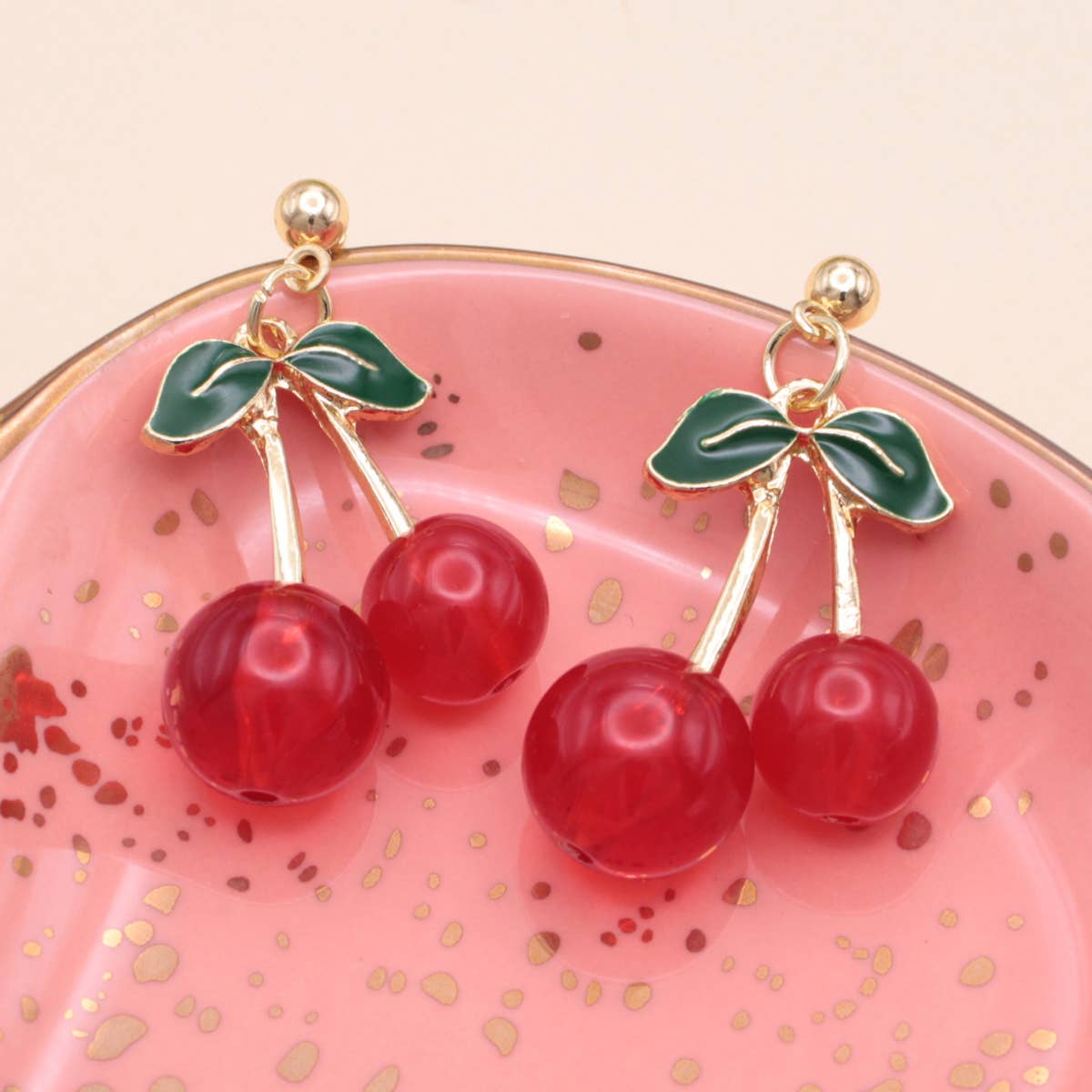 Red Ripe Cherries Post Gold Earrings - Vintage MC