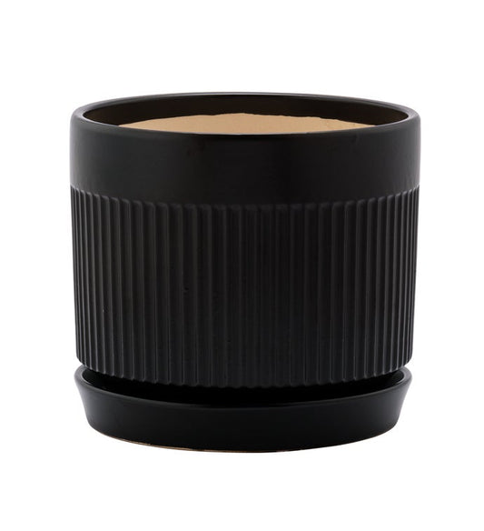 Ribbed Black Planter with Saucer - Vintage MC