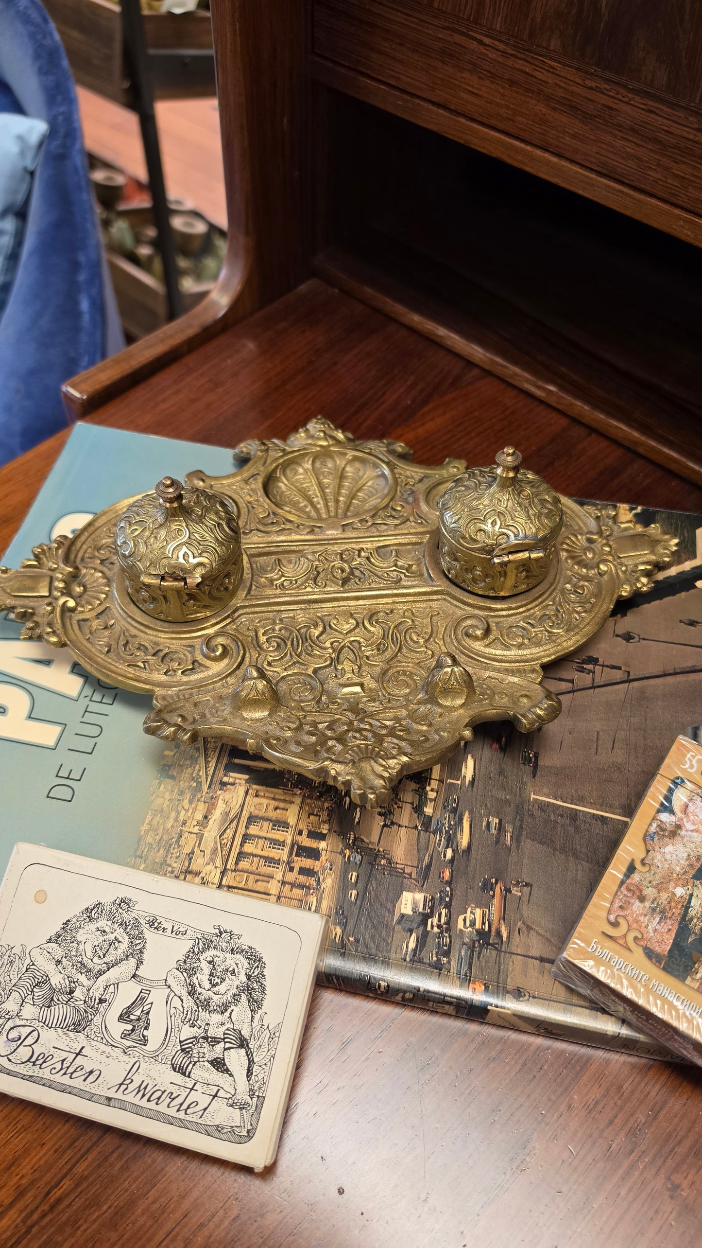French Brass Double Inkwell, Rococo Revival