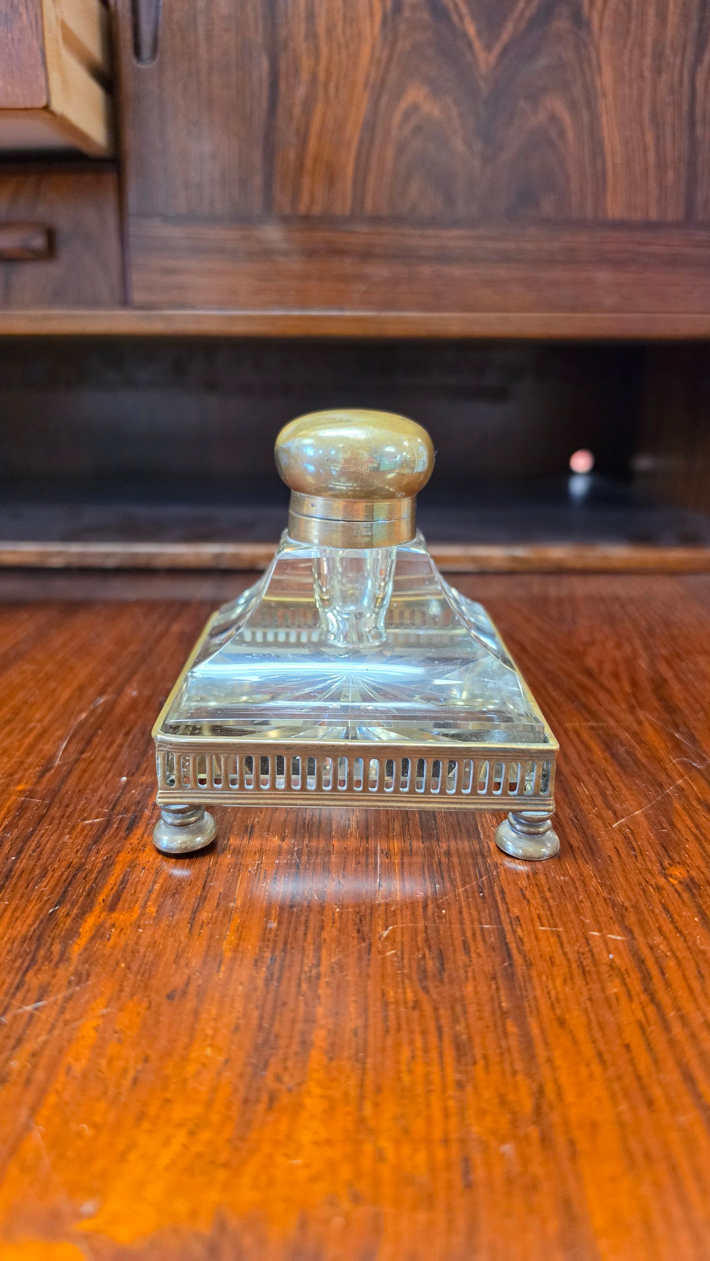 Antique French Crystal Inkwell | Belle Époque | Brass Gallery & Bun Feet | c. 1880–1910