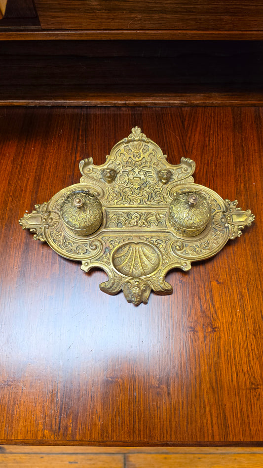 French Brass Double Inkwell, Rococo Revival