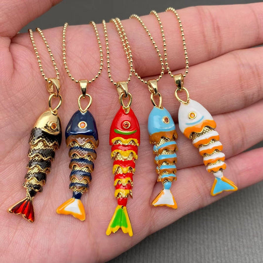 Summer Ocean Style Enamel Fish Charm Necklace - Vintage MC