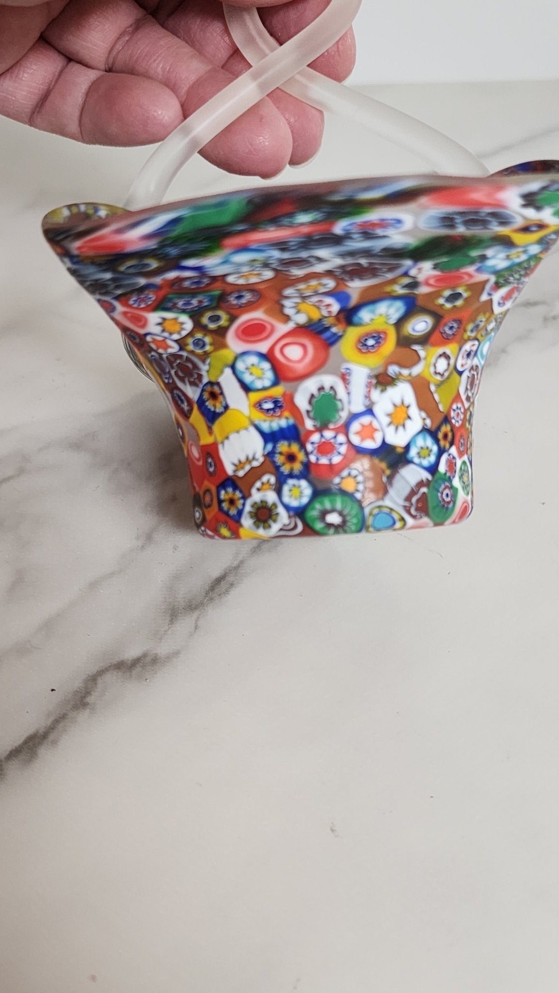 Vintage Rainbow Millefiori Murano Small Art Glass Bridal Basket - Vintage MC