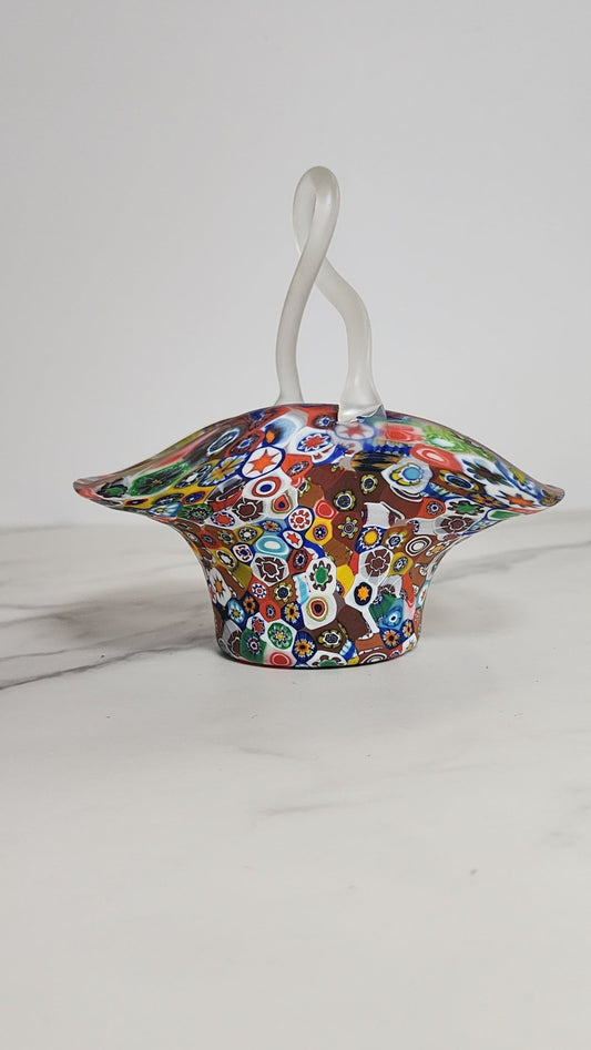 Vintage Rainbow Millefiori Murano Small Art Glass Bridal Basket - Vintage MC