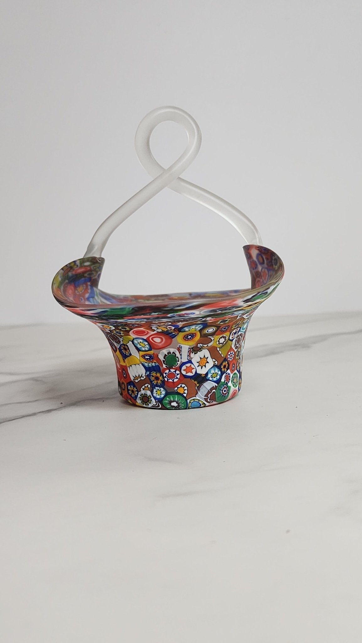 Vintage Rainbow Millefiori Murano Small Art Glass Bridal Basket - Vintage MC