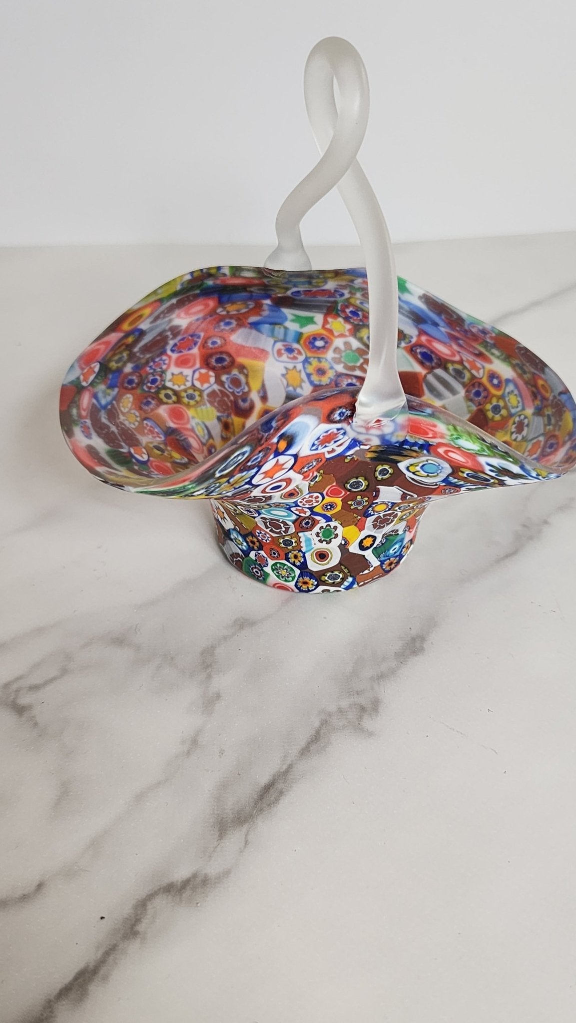 Vintage Rainbow Millefiori Murano Small Art Glass Bridal Basket - Vintage MC