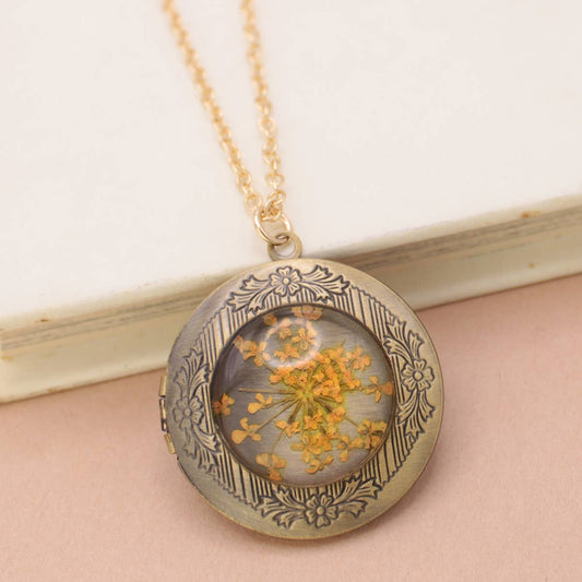 Yellow Dried Flower Locket Necklace - Vintage MC