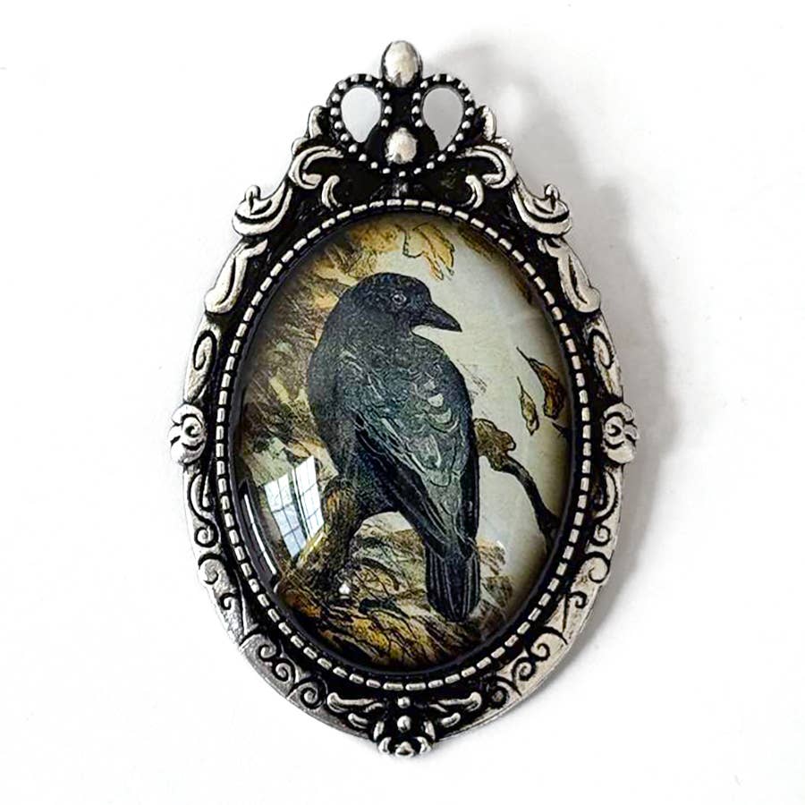 Antique Crow Cameo Art Brooch Vintage Silver or Gold
