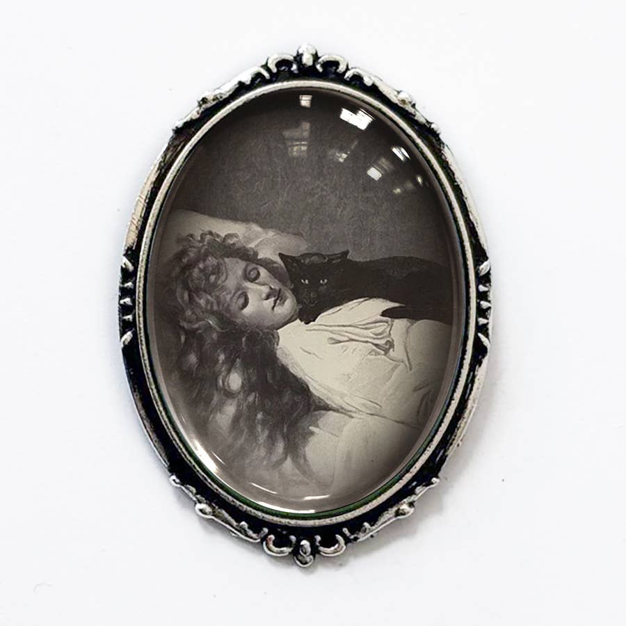 Victorian Witch Black Cat Brooch Vintage Halloween Art