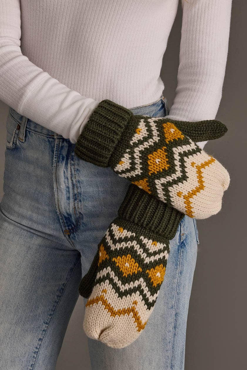 Olive, Cream & Mustard Patterned Mittens