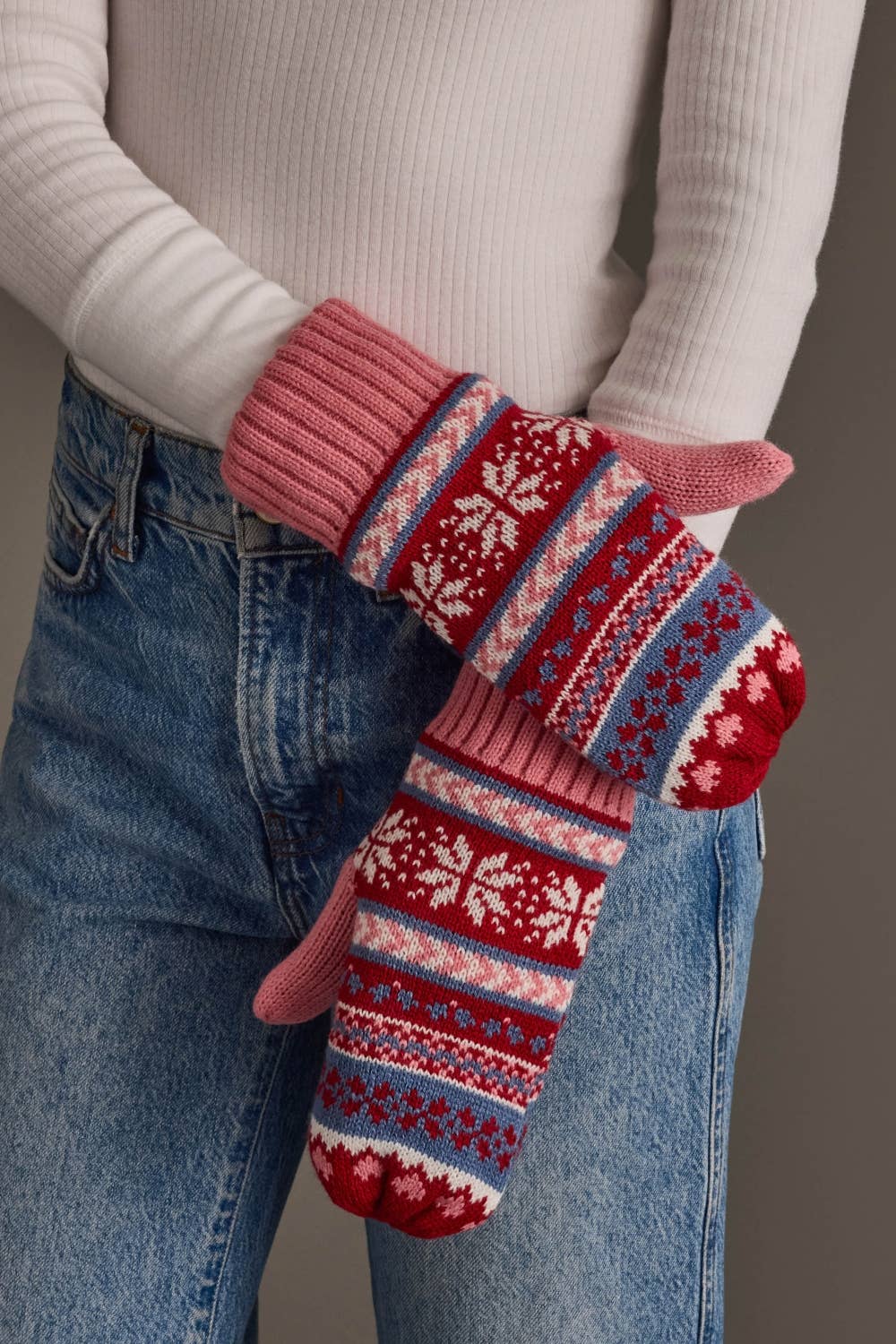 Pink, Red & Blue Christmas Pattern Mittens