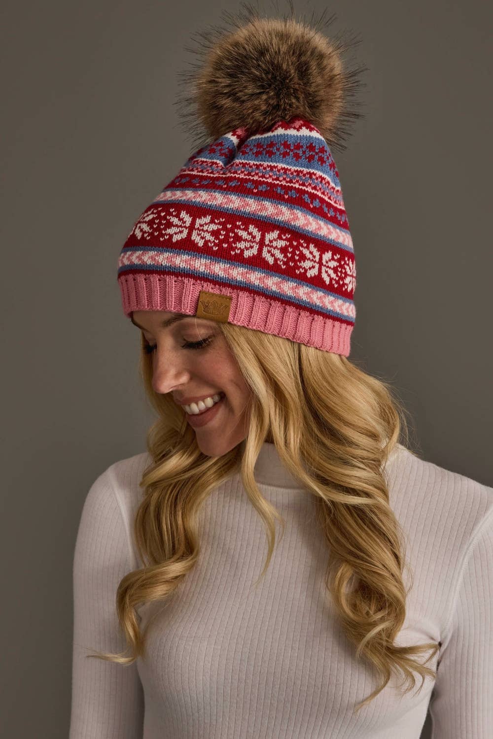 Pink, Red & Blue Christmas Pattern Pom Hat