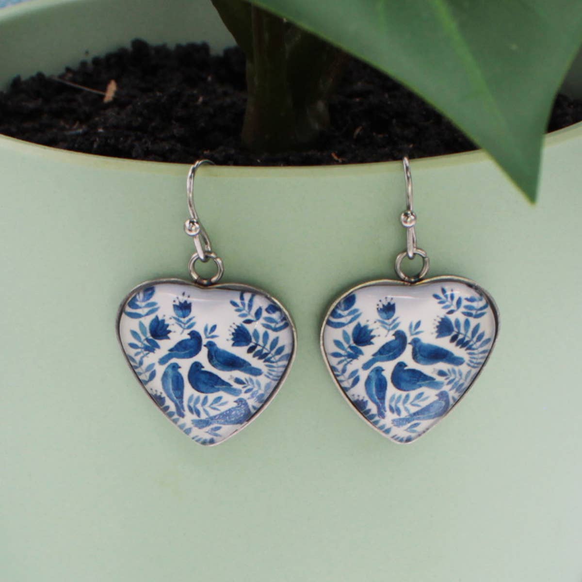 Vintage Flock Blue Birds Heart Earrings