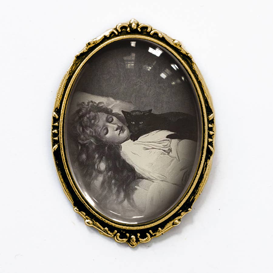 Victorian Witch Black Cat Brooch Vintage Halloween Art