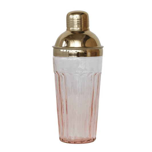 20 oz. Glass Cocktail Shaker w/ Stainless Steel Top, Pink & Gold Finish - Vintage MC