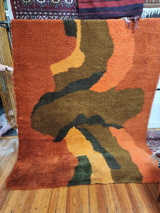 Orange and Brown 1970s Rya Wool Shag Rug