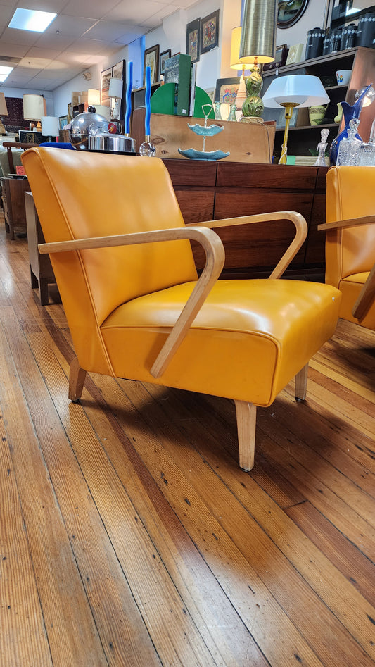 Orange Vinyl and Wood Arm Chair