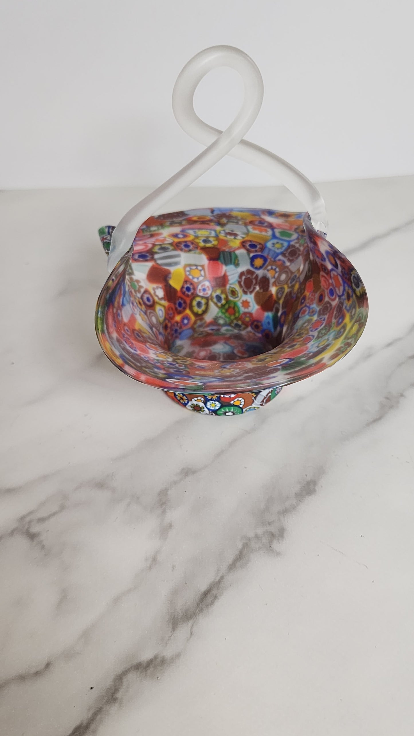Vintage Rainbow Millefiori Murano Small Art Glass Bridal Basket